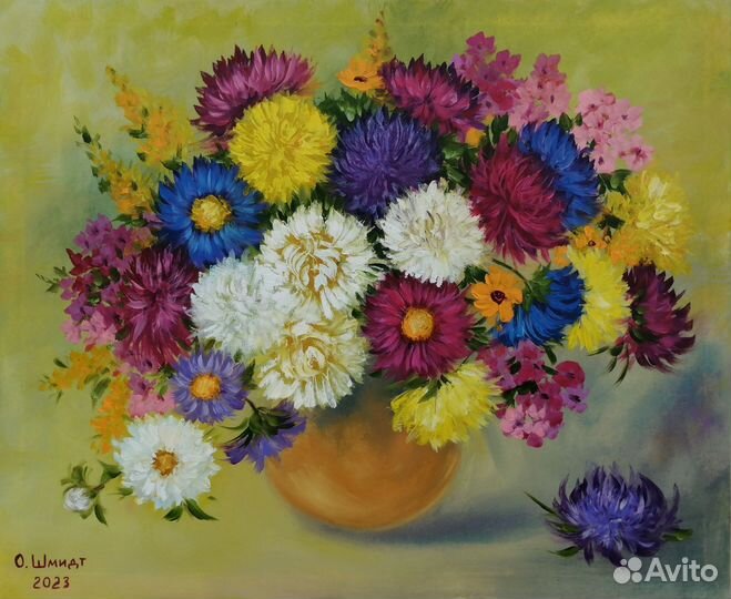 Астры в букете. Картина маслом на холсте 40х50