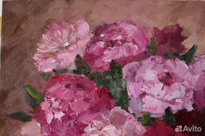 Картина маслом Цветы Пионы 35х40см холст картон
