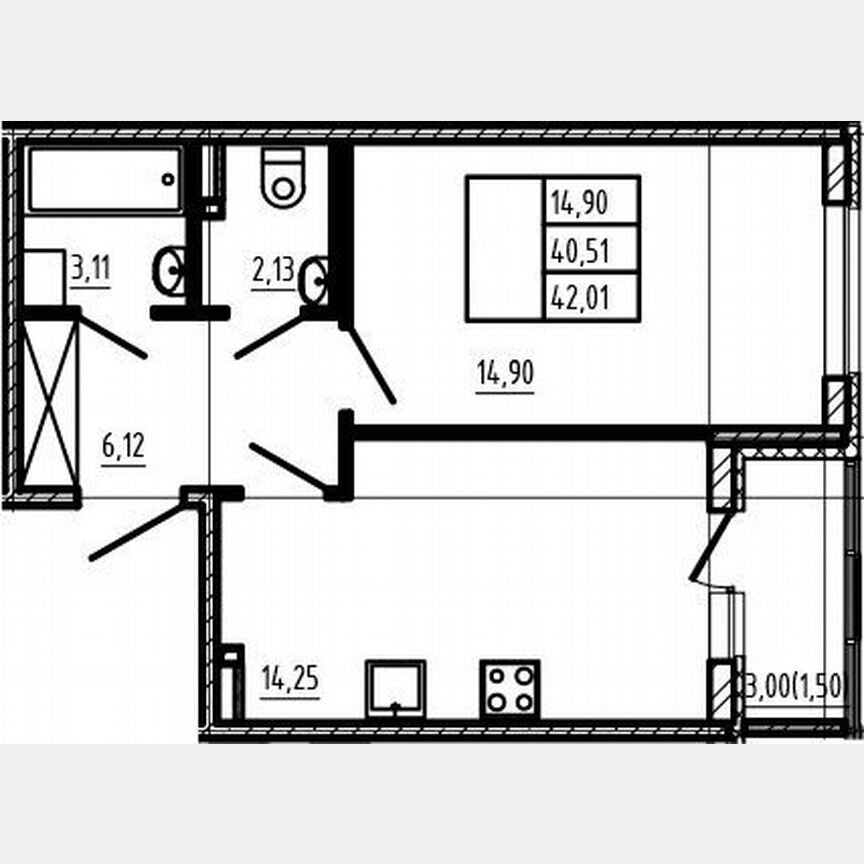 1-к. квартира, 40,5 м², 3/4 эт.