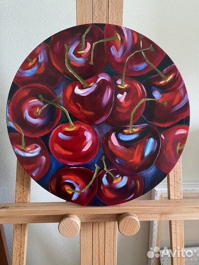 Черешня, картина маслом, диаметр 50 см