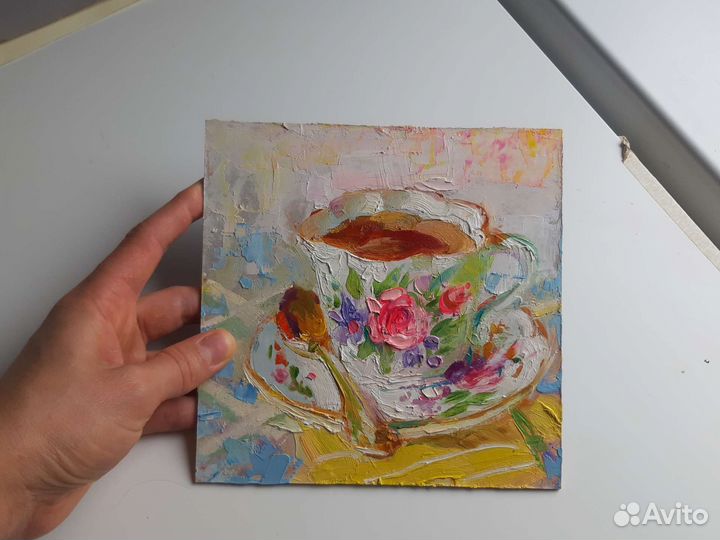 Картина маслом Чай импрессионизм импасто 15на15 см