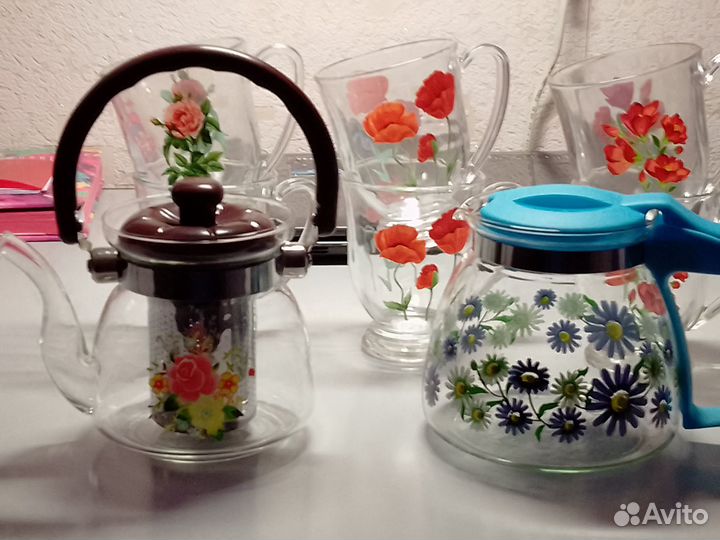 Чашки стеклянные с заварным чайником