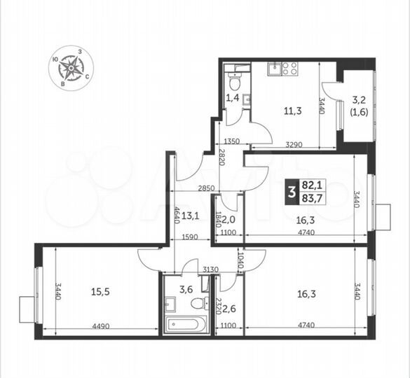 3-к. квартира, 83,7 м², 19/25 эт.