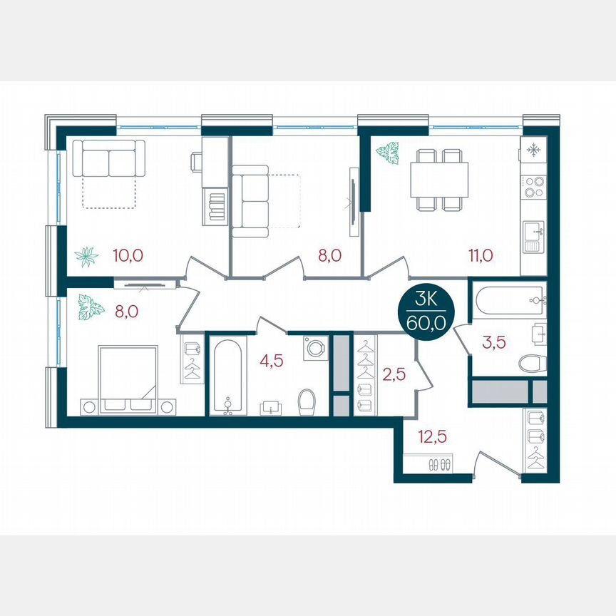 3-к. квартира, 60 м², 2/32 эт.