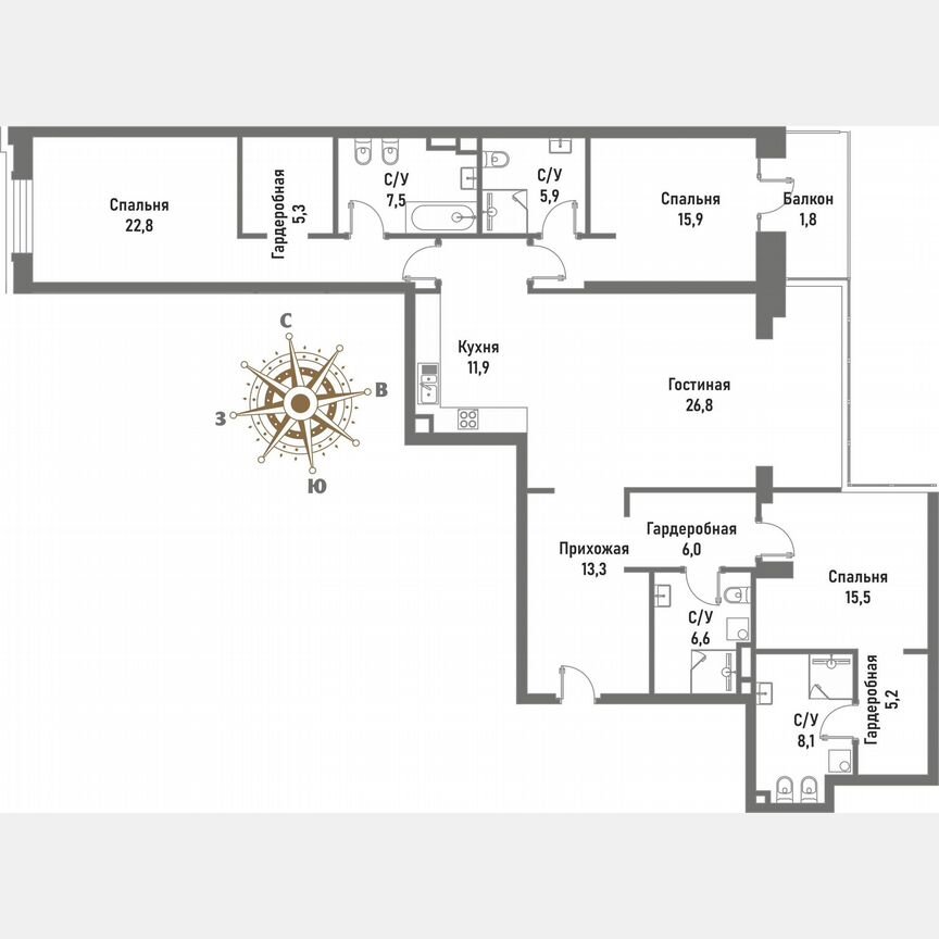3-к. квартира, 160,7 м², 3/15 эт.