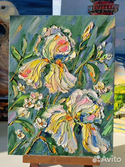 Картина маслом цветы ирисы букет цветов