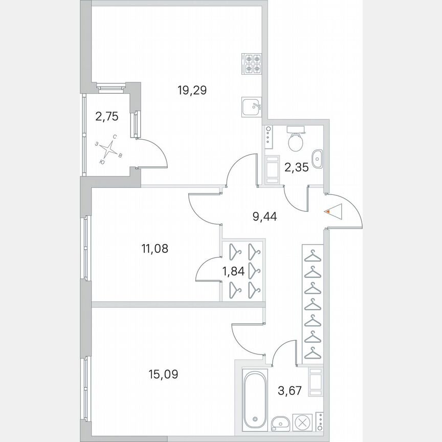 2-к. квартира, 64,1 м², 2/4 эт.