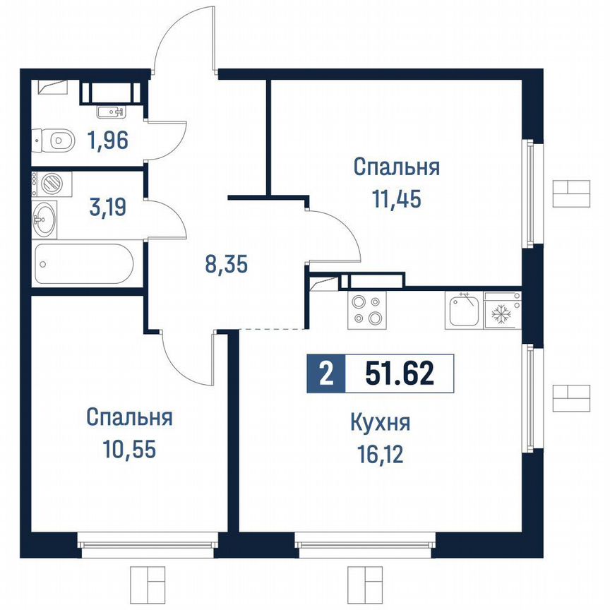 2-к. квартира, 51,6 м², 13/18 эт.