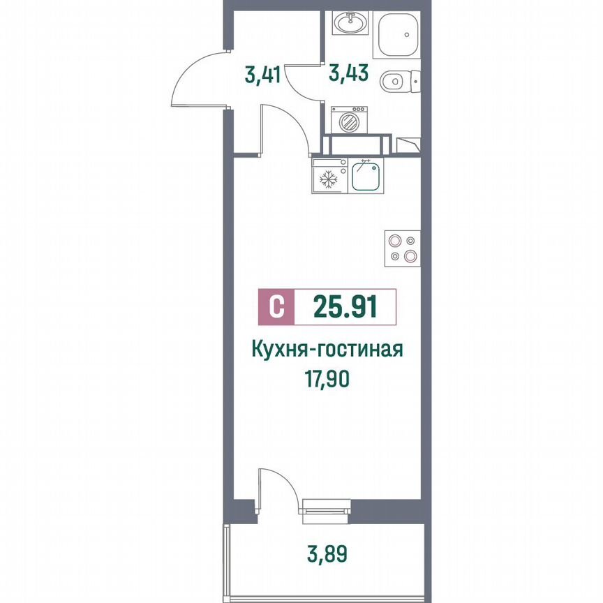 Квартира-студия, 25,9 м², 12/16 эт.