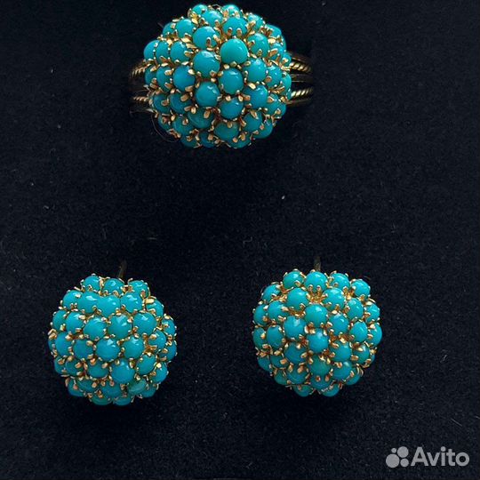 Золотой набор из серёг и кольца с бирюзой