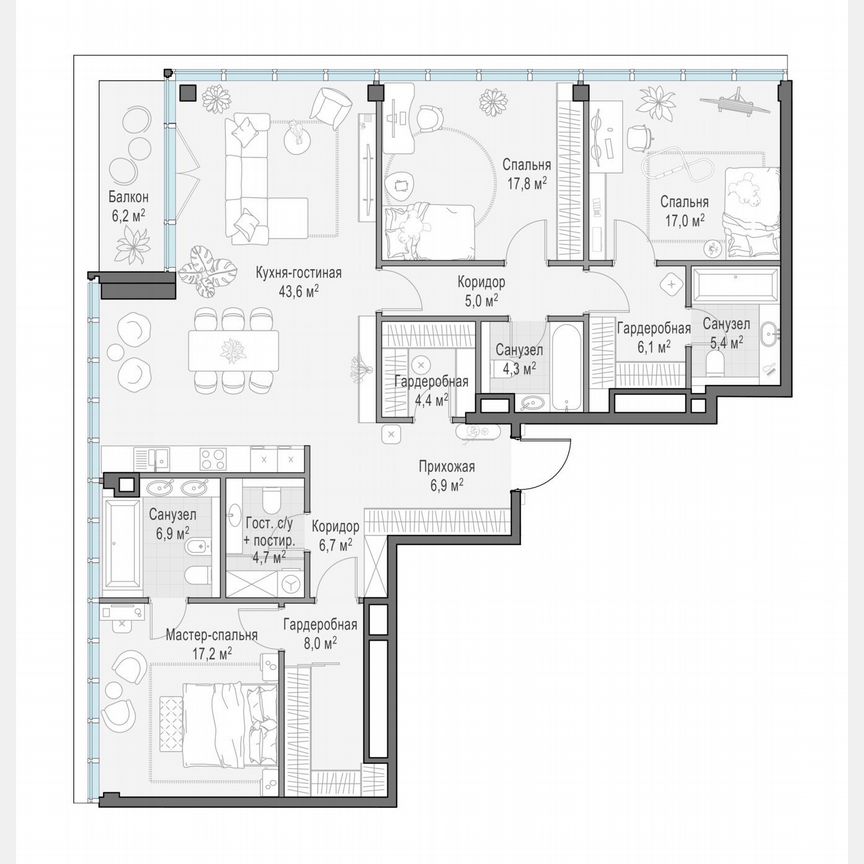 3-к. квартира, 156,5 м², 8/10 эт.