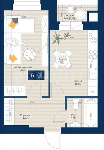 1-к. квартира, 35,3 м², 3/5 эт.