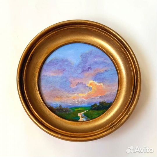 Картина маслом Пейзаж в круглой раме