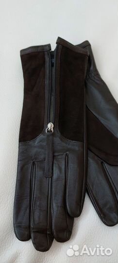 Перчатки женские кожа с замшей на флисе коричневые