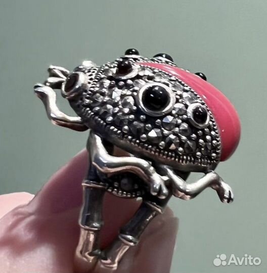 Кольцо серебро 925 божья коровка, кабошон янтарь