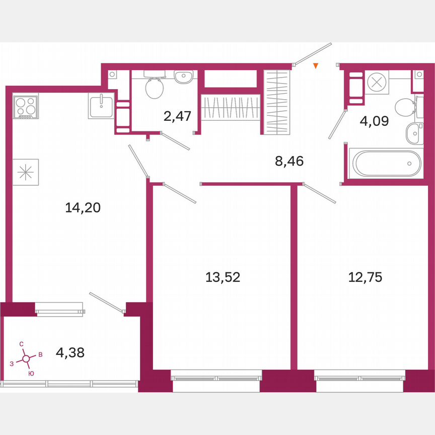 2-к. квартира, 57,7 м², 8/10 эт.