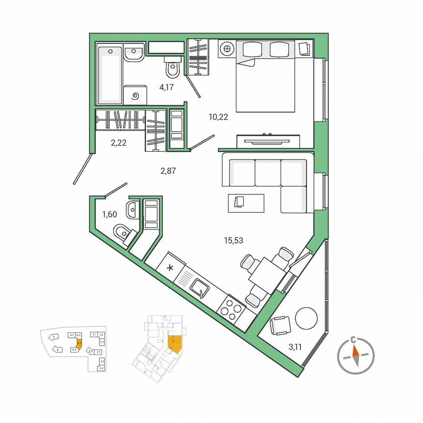 1-к. квартира, 38,2 м², 6/11 эт.