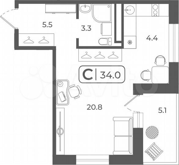 Квартира-студия, 33,9 м², 14/22 эт.