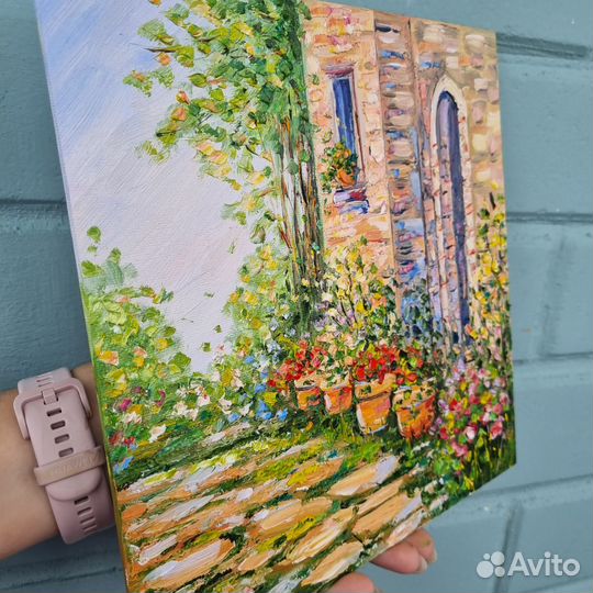 Картина маслом Прованс пейзаж цветы дом миниатюра
