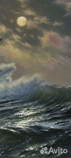 Картина маслом. Парусник в ночной шторм