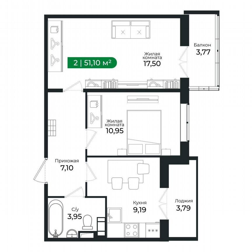 2-к. квартира, 51,1 м², 7/8 эт.