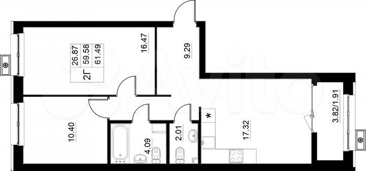 2-к. квартира, 61,5 м², 9/15 эт.