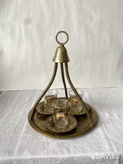 Латунный поднос для восточного чая со стаканчиками