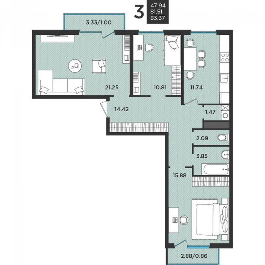 3-к. квартира, 82,5 м², 2/3 эт.