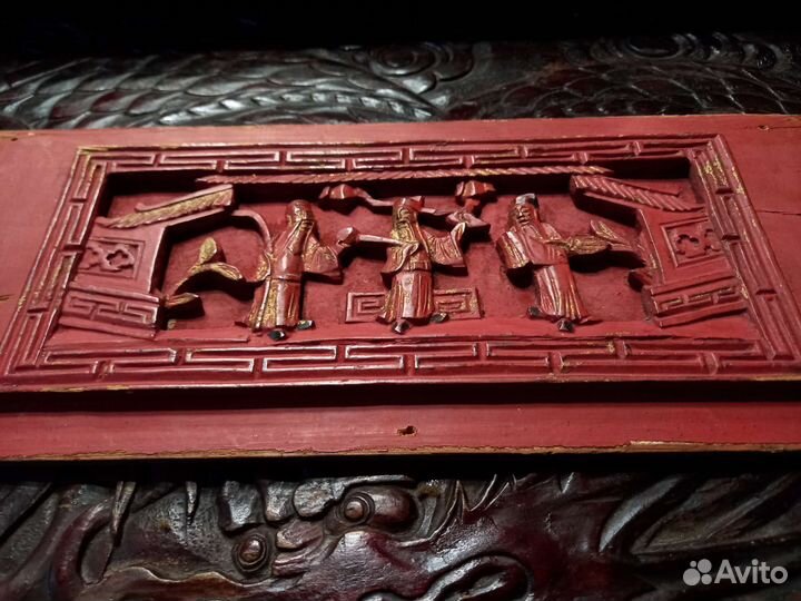 Китай 19 век барельеф панно 3 божества, резьба дер