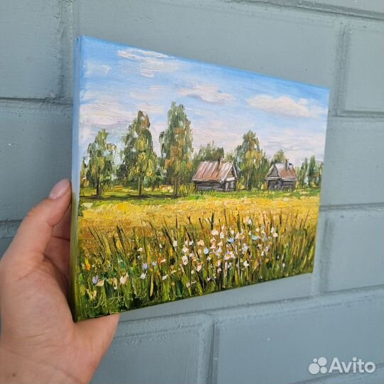 Картина маслом летний пейзаж домики цветы