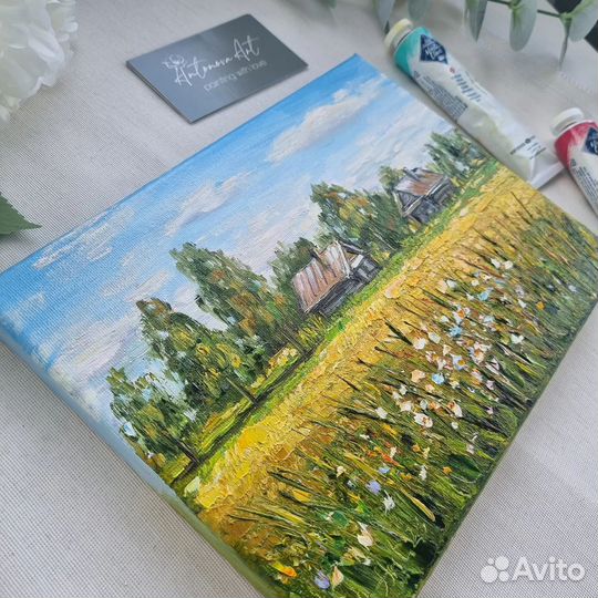 Картина маслом летний пейзаж домики цветы