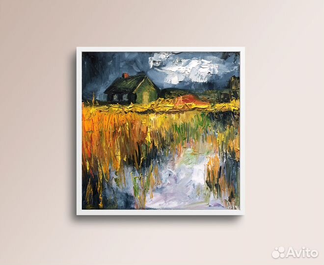 Летний пейзаж картина маслом на холсте 20х20 см