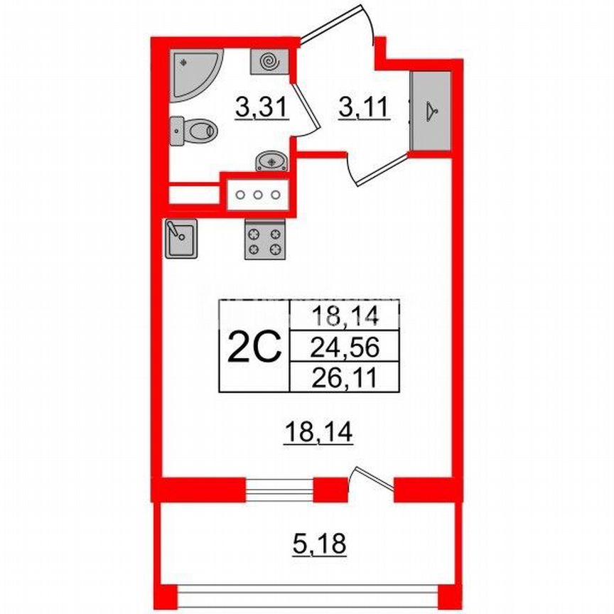 Квартира-студия, 24,6 м², 6/12 эт.