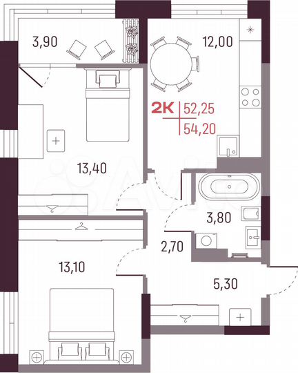 2-к. квартира, 52,3 м², 10/25 эт.