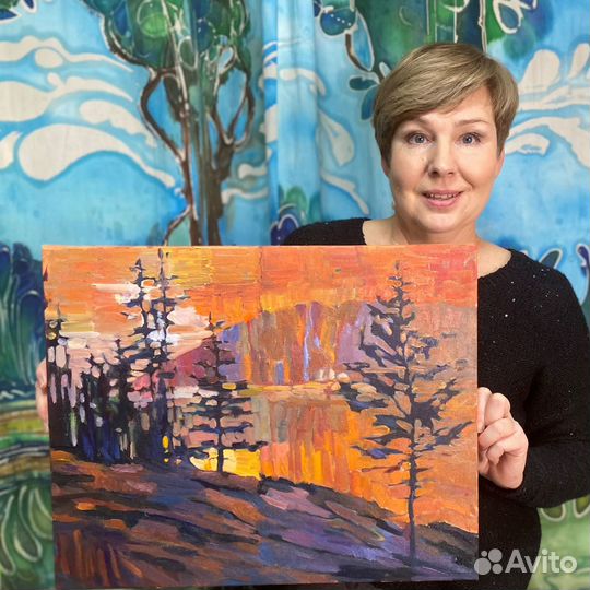 Картина маслом Пейзаж оранжевый закат на холсте