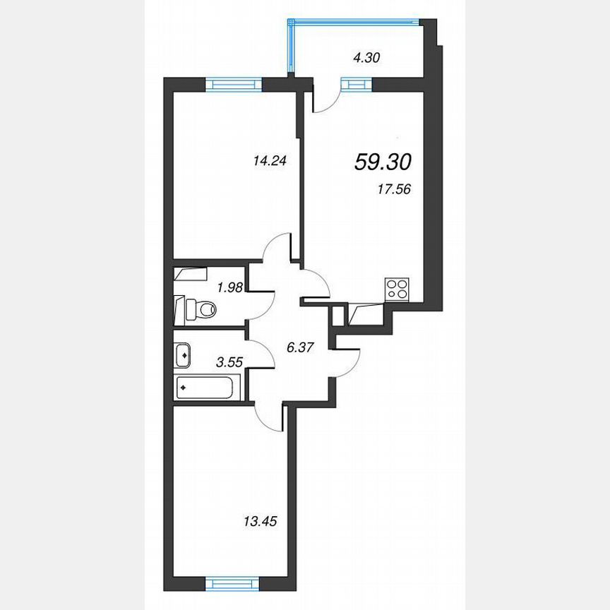 2-к. квартира, 61,5 м², 16/22 эт.