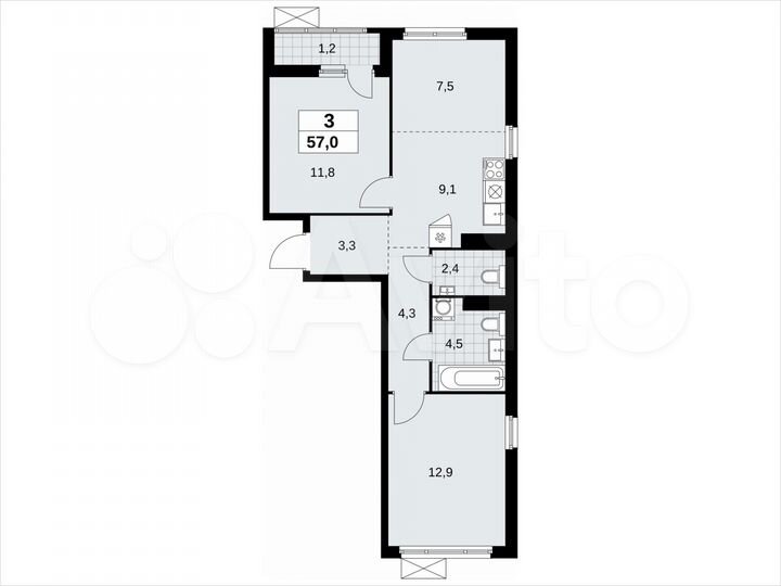 3-к. квартира, 57 м², 12/14 эт.