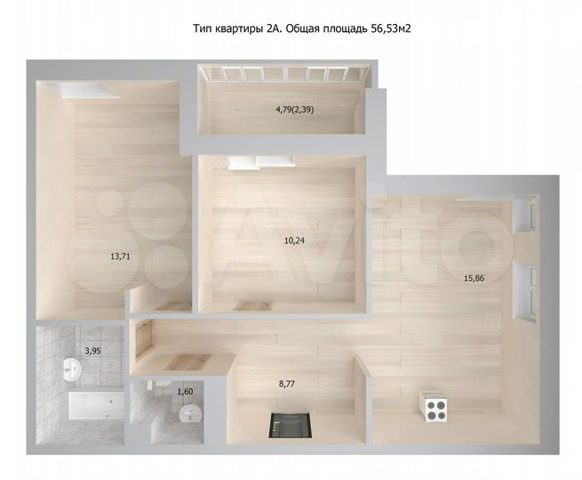 2-к. квартира, 58,8 м², 6/17 эт.