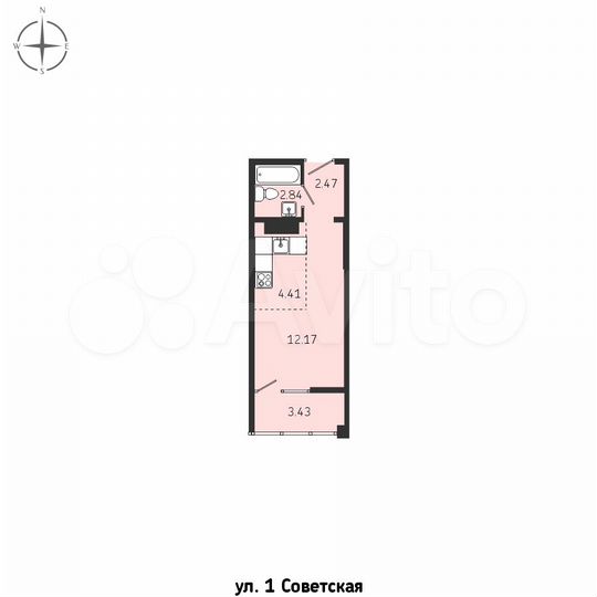 Квартира-студия, 25,3 м², 6/9 эт.