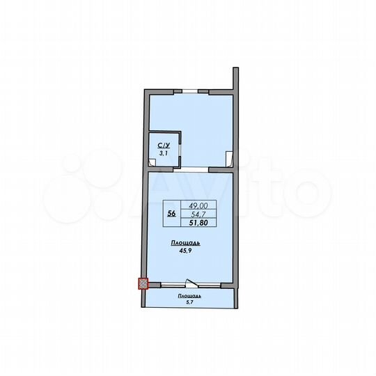 Своб. планировка, 51,4 м², 1/9 эт.