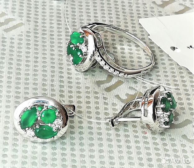 Серьги, кольцо серебро агат разм.18,0 С238