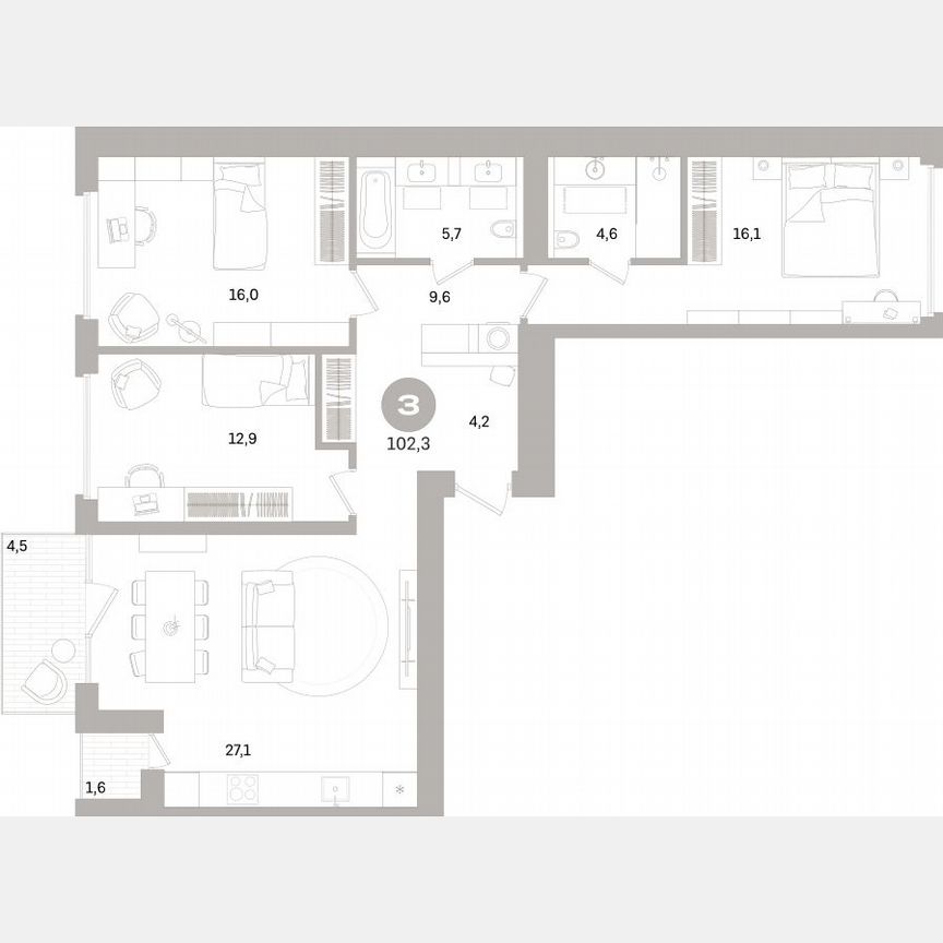3-к. квартира, 101,8 м², 3/16 эт.