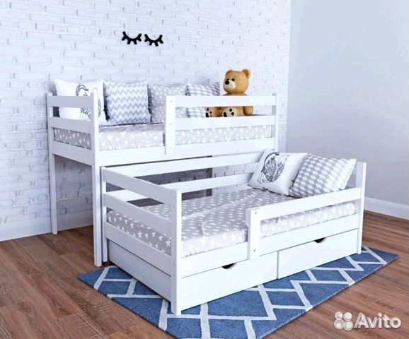 Двухъярусная кровать, белая, выдвижная с лестницей