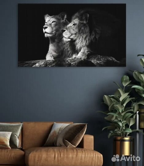 Новая Картина на холсте лев и львица в чб