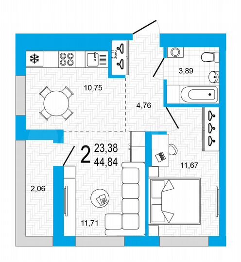2-к. квартира, 44,8 м², 18/20 эт.