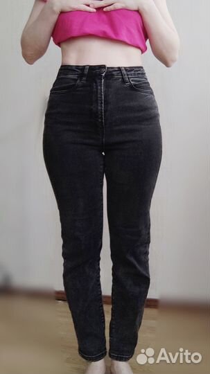 Джинсы черные mom прямые теплые