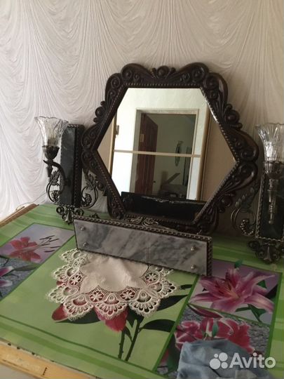 Набор в бронзе,2 бра,полочка настенная, люстра