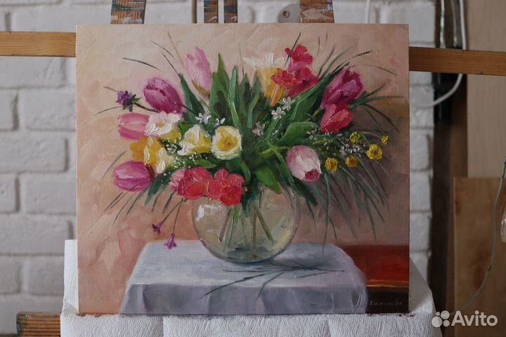 Картина маслом Цветы Тюльпаны 35х40см холст картон