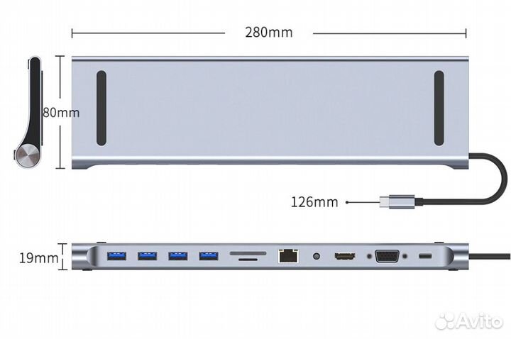USB-хаб 11 в 1 hdmi, LAN, Type-C, USB 3.0