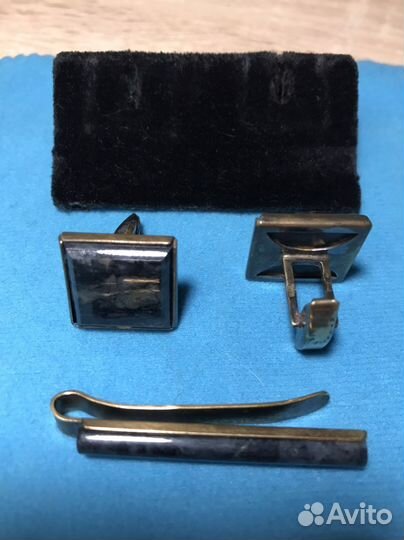 Запонки и зажим для галстука серебро яшма СССР
